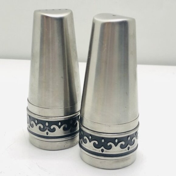 Vintage Salt And Pepper Shaker Set Stainless Steel Deluxe Black Wave Inlay Japan - Picture 1 of 12